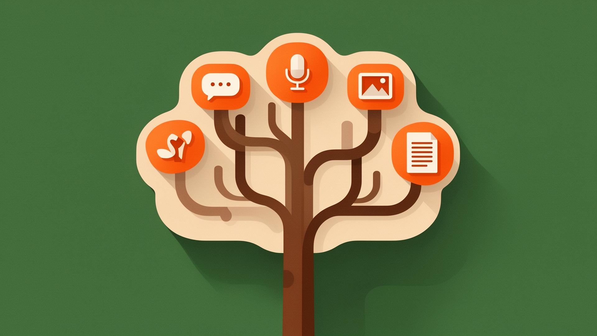 Illustration organique d'un arbre IA avec branches terminées par des icônes d'intelligence artificielle